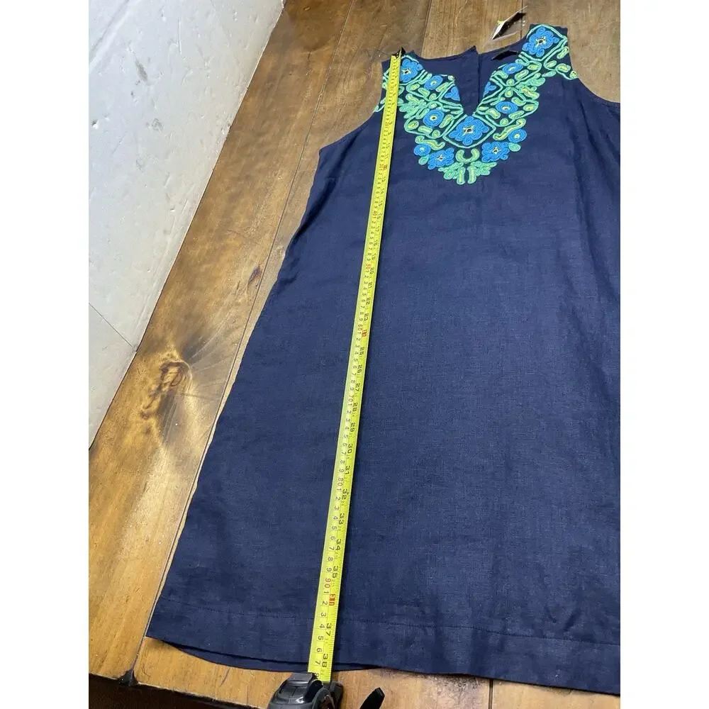 J.CREW Shift Dress Navy Blue Green Embroidered Linen Sleeveless Floral Button MT